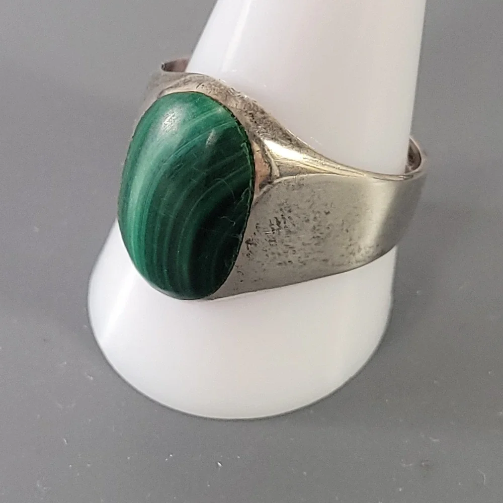 Taxco Mexico 950 Silver Ring Malachite Signet Mens Size 12 TC-45 Green Stone